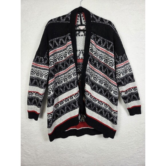 Merona Sweater Womens XL Black Red Open Front Cardigan Fair Isle Knit Cabincore - Picture 1 of 9